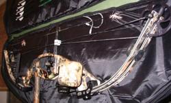 Hoyt Cybertec compound bow,&nbsp;RH,&nbsp;XT2000 limbs, 50 to 60 lb adjustable, set at 55 lb, 28 inch draw length,&nbsp;four arrows with field points.