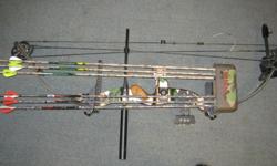 Pristine bow with 4 aerows wit broawd heads, Trigger release and counter balance. Pin and peep sight. Includes quiver. And dual cam systen.&nbsp; THIS IS A GREAT BOW FOR THE MONEY. I also have target tips.