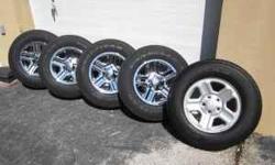 I HAVE A BRAND NEW SET OF 5 RIMS WITH 5 GOODYEAR TIRES OFF A 2010 JEEP CHEROKEE WITH A 5X5 OR 5X5.5 BOLT PATTERN. THE RIMS HAVE 4 BRAND NEW SNAP ON CHROME COVERS PURCHASED FROM EBAY. THIS SET IS IN PERFECT CONDITION WITH ZERO MARKS, SCRACHES OR