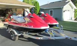 2 - 2013 YAMAHA VX DELUXE, FOUR-STROKE, FUEL INJECTION, RED WITH SILVER GRAY SEATS, CARBON COLOR BOTTOM, 3-SEATERS.&nbsp; VERY LOW HOURS ON BOTH MACHINES.
2- 2013 LIFTS INCLUDED.
2013 TRITON ELITE TRAILER WITH 13" WHEELS AND UPGRADED TIRES.
TIE DOWNS,