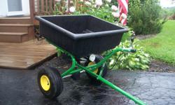 Convenient to use for spreading seed, fertilizer, insecticide, and salt. Polyethylene hopper will not dent or rust. Large pneumatic tires and solid-steel axles ensure a positive drive. This spreader is new and has never been used. It lists for $299 on