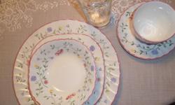 Six&nbsp;piece sets:&nbsp; Dinner plate (8),&nbsp; Desert plate (8), Soup bowl (8),&nbsp; Cup (8)&nbsp;and saucer (8), Water glasses(6).&nbsp; Service for 8.&nbsp;&nbsp;&nbsp; Oval Platter. $15.00&nbsp;&nbsp; Have several extra pieces available priced