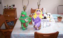 Kermit, Green frog plaster craft, Miss Piggy same material. Ventura location, call 805-672-2833.