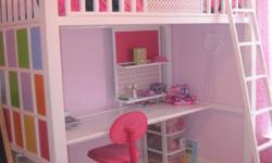 Adorable loft bed perfect for a little girl. The entire bottom is a desk and the top bunk is for a twin size bed.