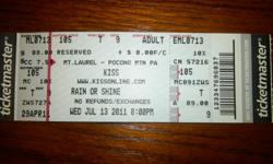 2 Tickets to Kiss concert Mt Laurel Pocono Mountain Performing Arts Center, Bushkill PA 7/13/11
Section 105, Row T, seats 9 & 10
