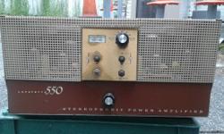 Very old very heavy America can made Lafayette 550 model stero amplifier
working condition ,but needs some work one connection on a capacitor needs to be sodered. The volume controls don't respond correctly . The amp has a loud clean sound .
sold as is