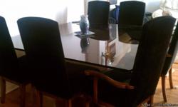 33"square Smoke Glass Top Table with 6 velvet chairs was $5000.00 7 years ago now $500/ Needs Large Dinning Area