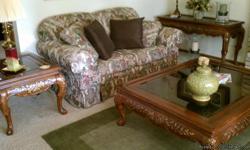 A. Two matching loveseats with pillows, all in very good condition - $150 for both
B. Matching coffee table, 2 end tables, and sofa table. Hardwood with glass insets, all in very good condition - $275 for the set
