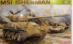 1:35 Scale mint in the box and un-assembled M51 Sherman Tank. Modern AFV Series. Model kit details: Muzzle brake reproduced, bonus aluminum barrel, Cupola updated with clear parts, slide molded machine guns with hollow muzzle, HVSS system in fine detail,