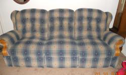 Blue and plaid couch has reclining on both ends. Loveseat is a rocking loveseat, also with both reclining ends although one side sticks.
Getting rid of due to our addition of a pool table.
In good condition.