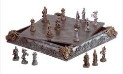 Mystical knights and dragons square off on a medieval board, adding a legendary feel to the tieless battle of chess. All 32 finely detailed chessmen fit inside the elaborately carved chessboard case. Polyresin and wood. May require additional freight