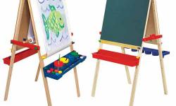 Creativity Central! This double-sided, wooden easel features both chalk- AND dry erase-boards. With adjustable heights it also includes a locking paper roll holder, a child-safe paper cutter, one clip, and a plastic tray on each side for easy-reach art