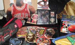 Lifesize MJ. &nbsp;collector card and form. &nbsp;plate . &nbsp;Both books. space jam sleeping bag. &nbsp;two pairs baby shoes. magizines, &nbsp;two stadium phones one in box other not... jr golf clubs. &nbsp;jr basketball, &nbsp;