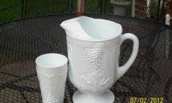 1) 12 Milk glasses + 1 pitcher w/grape & ivy design -$200.00 2) 22 piece Vintage Fine China; made in Japan M$ 6701; includes 1 platter, 1 teapot, 1 creamer/sugar set, 1 salt/pepper set, 8 coffee cups, 5 saucers, 3 plates -$240.00