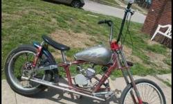 Occ chopper bike, done away with the crank chain, welded the cranks in the air for your feet, disc brakes on the back, 80 cc raw motor, 2 gal tank, motorcycle springer seat, 1" custom exhaust, ALOT OF FUN,
Needs a paint job!
Harley front fender for the