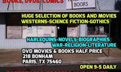 NEW MOVIES EVERY WEEK! DVDs and BOOKS HALF PRICE, 218 BONHAM ST., PARIS, TX 75460. OPEN 9-5 DAILY! VISIT US ON FACEBOOK TOO!