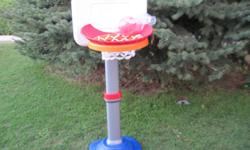 THIS IS A VERY NICE MY FIRST BASKET BALL STAND. IT HAS ROCK'S TO WEIGH IT DOWN BUT STILL MANAGEABLE . it HAS THE NICE LIP THAT GOES AROUND THE BASKET NOT VERY MANY MADE WITH THIS FEATURE. IT'S ADJUSTABLE TO SMALL TO TALLER AND HAS A NICE NET ON IT. IT HAS