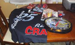 35 Earnhardt coasters 2 types, jimmy Johnson thermometer, Earnhardt Jr. helmet Xmas decoration,
Ricky Craven Tee- shirt 1st year Cup new never worn, Large book ( nascar legends ), Nascar jello mold