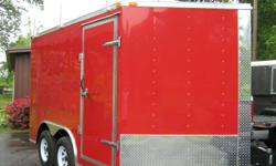 Beautiful RED trailer
Features include:
White spoke 15" wheels & tires
3/8" plywood walls - 3/4" plywood floor
Spring assisted rear ramp door with 16" flap
36" side door
"V" nose Front 24" atp stone guard plus vertical trim
Tandem 3500# leaf spring axles