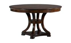 Sterling Heights round table has a fancy face veneered top, an alluring pedestal base, a serpentine silhouette and primavera veneers.
The 54" round tabletop converts into an 74" x 54" oval shape when the 20" leaf is added.
Built with mortise & tenon
