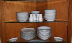 Noritake China.&nbsp; Perfect set.&nbsp; 7 piece setting for 12.&nbsp; Total of 101 pieces.&nbsp; Not shown in picture are 2 platters (large and small) and 2 serving bowls.&nbsp; Pattern is Silverdale which is all white with silver edge on every piece.