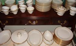 Noritake fine china. Large set including service pieces. "Patricia" pattern #4982 smooth white bone china with Gold band trim. Beautiful and rare. Made between 1948-1952. Excellent condition. No chips or discoloration. Includes: 12 dinner plates, 12 bread