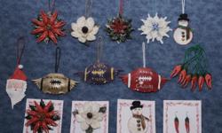 See Cajuns Ornaments made from Real Crawfish Claws,Crabs Shells,Garfish Scales,Redfish Scales.
in South Louisiana Cajun Country all from the Gulf of Mexico. Go to www.cajunornaments.com/
see our specials too. BUY 5 GET 1 FREE