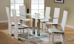 Orsin 5-PC Glass Dinette Set
*Specifications
>dimensions: 31"x53"x30"H, Chair: 17"x18"x42"H
>price includes one table & four chairs
>available in black stripe table w/black leatherette chairs or white stripe table w/white leatherette chairs
>10mm tempered