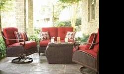 Loveseat with cloth cushions, 2 pillows included
2-Swivel Rocker Chairs with cloth cushions, each have one pillow included
Chest with lid that inverts to make a table (no hinges) fits securely as a lid.
Great set, Martha Stewart 2011 Edition.
Purchased in