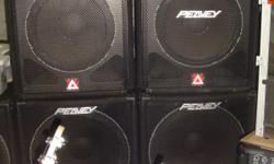 1-Pair of Peavey SP2G "Full Range" (or bi-amp) with 15' Black Widow Speakers and Horns and 1-Pair of Peavey SP118 "Sub Cabinets" w/coasters. All four cabinets are in excellent condition and cost me over 2K to purchase them. Asking $1,000.00 OBO. Call