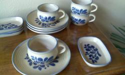 Oven safe and freezer safe. Four Soup Mugs on 8 3/4" Plates with small Snack Plates