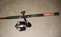 Pflueger Contender Spinning Combos
PFLCONT7060MH
Contender 7560 reel. 7'0" medium-heavy rod. EVA handle with gimbal and cover.
One-piece IM-6 rod. Durable double-foot aluminum oxide guides.
All guides underwrapped.
( 4 used rod/reels available) $75. Each