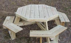 This artfully designed, hand-made, self-contained, Octagon Picnic Table is unlike any you will find, at any price and is designed to provide a lot of seating space in a relatively small area. It is built by hand creating a truly custom outdoor furniture