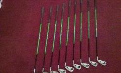 Woods: 1,3,5 TFC 939D Graphite shafts, Stiff Flex
Irons: 3,4,5,6,7,8,9,PW,SW ,TFC 939I Graphite shafts, Stiff Flex
Black Dot, Standard Lie, ID8 Gold Grips
These clubs are brand new and have never been used. I won these clubs at a benefit auction and they