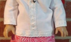 Twill skirt is made of a multitoned pink and white feather print with elastic in the waistband. White shirt has beautiful trim on the sleeves, hem, and in the front center. Back velcro closure for easy dressing. Please view at JanetsStore@etsy.com, where