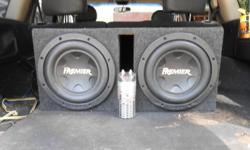 2 12 in pioneer premier subs, with 3000 watt amp, sub box, 0 gauge power wire and 0 gauge ground&nbsp; wire, all included all in very good shape, beats real hard could take to compitition if used with an audio battery call/text jeff