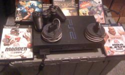 Good condition. Play Station 2 with 5 games.Tak 2, Warrior, NBA Livee 2004, Madden 2004 and (unopened)Nicktoons Movin'. ! controller included. @ 2 controller extension cords.