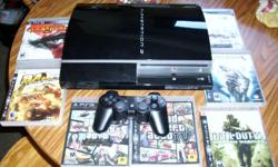 Like new, in excellent condition. One controler, PS3 game system. Comes with 8 games:Assassin's Creed, Assassin's Creed II, Assassin's Brotherhood, Call of Duty 4, Grand Theft AutoIV, Grand Theft Auto Episodes from Liberty City, God of War, BAJA Edge of