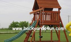 Redwood fort with slide, swings, ladder. (Many different styles available)
Sapce Saver Design - footprint from only 11' x 16'
Professional installation available.
Contact us for details.
www.backyards4fun.com
We also install, assemble and move all brands