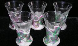 POLYMER CLAY DECORATED SHOT GLASSES
Set of 5
Shot glasses are decorated with a combination of different colors of Polymer Clay and baked onto the shot glasses. To care for these wash them by hand.
Colors: White, Teal, Purple and Gold
One of a kind, no one
