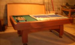 Sport Craft pool table with ping pong accessories. Length=7 feet and width=47 inches. Brand new!