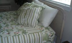 Queen Bed, Mattresses, Bedside Table, Dresser with mirror, Chest of Drawers. Almost new. Used as guest set, hardly used. Includes comforter, bed skirt, blanket, sheets and matching decorative throw pillows.