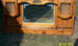 Queen Size Headboard. Good condition with glass cabinets & lights, along with mirror.