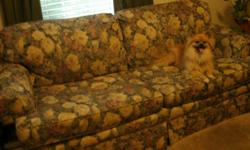 flowered , two cushion, queen size sleeper sofa. Comfortable to sit or sleep on. Moving must sell. Dog not included.