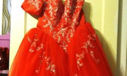 Quinceanera gowns - two. One red, size 12, matching shawl, handbag, and gloves; halter top V-cut; back zip up with corseting; original price $500. One coral, size Jr. 11/12, 2-piece ruched skirt, corset top; top can be worn strapless, and w/ or w/o back
