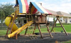 Paid $11,900.00 for this beautiful playground. Must see.
Approx size is 13 ft x 26 ft .
Price includes cleaning, painting, removal, and re-set up by Rainbow. Under full warranty in Marion County.
Set includes: Canopy, Timber Rung Ladder, Scoop slide, s