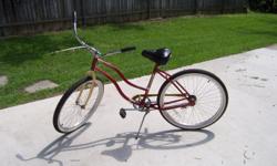 His and hers matching Beach Cruiser Raieigh bicycles.&nbsp; Color is red metallic, 26 inch whitewall wheels, with senior seating seats.&nbsp; Gently used by two seniors.&nbsp; Very clean and never wrecked. Sold only as a pair.&nbsp;&nbsp; Easy to use, no