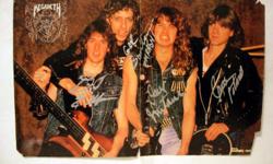 A rare item signed by all members of the original Megadeth including the late Gar Samuelson. This was a pull out section of the band from then German import magazine Metal Hammer. The back of this pullout features stories (in German) about Exodus
