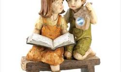 A pair of young country kids shares story-time by the glow of an old-fashioned lantern. This quaint wood-look statue brightens the night with a secret shining solar light! Weight 5.5 lbs. Polyresin. May Require Additional Freight Charge. 11 1/4" x 7 1/2"