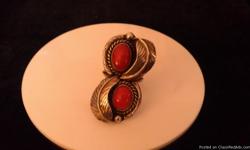 2 Red coral cab gemstones w/leaf and rope design vintage silver ring . Size 7 pre 1950s.